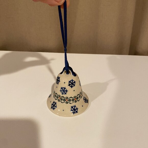 Polish Pottery Christmas Bell 3‎ Winter Snowflake Blue White Ceramic - Picture 2 of 3